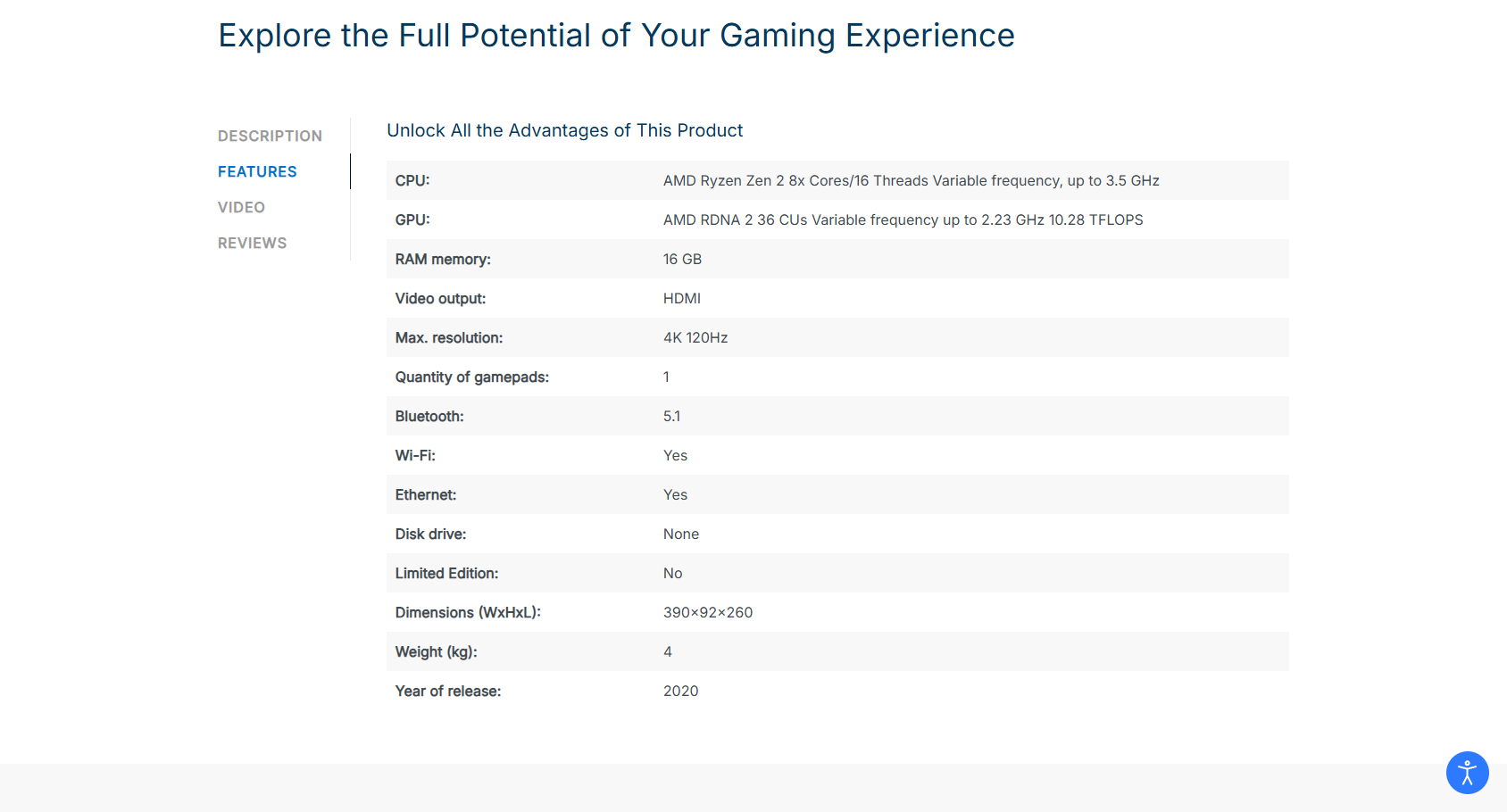 Product specifications are shown in the table