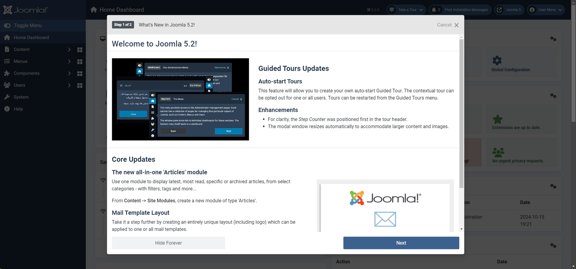 A screenshot of updated guided tours in Joomla 5.2