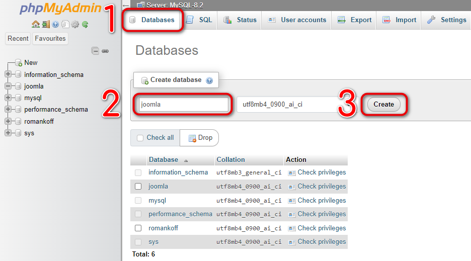 Creating a database for the local Open Server Panel server using phpMyAdmin