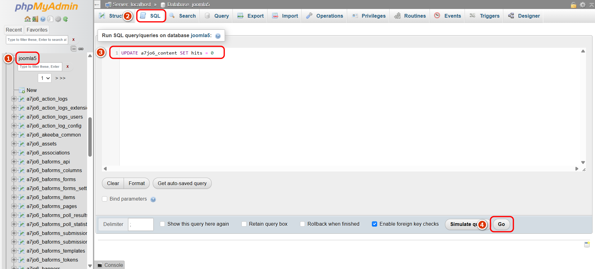 Screenshot of executing a SQL query in phpMyAdmin to edit the hit counter in Joomla