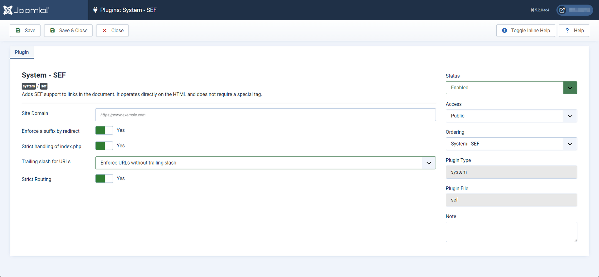 screenshot with updated SEF plugin settings in Joomla 5.2