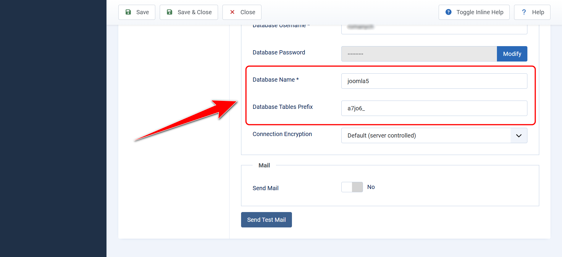 Screenshot of server settings in Joomla: database name and table prefix for managing via phpMyAdmin