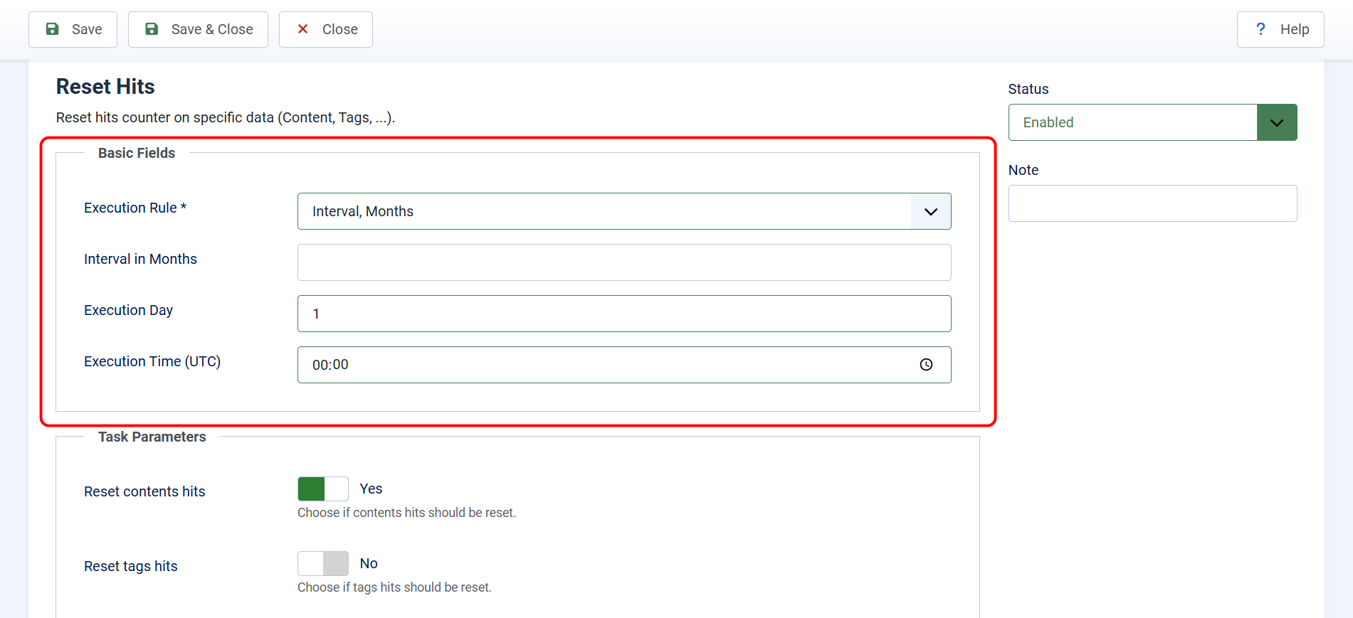 Screenshot of Reset Hits task settings in Joomla: automatically reset article views on the 1st of each month