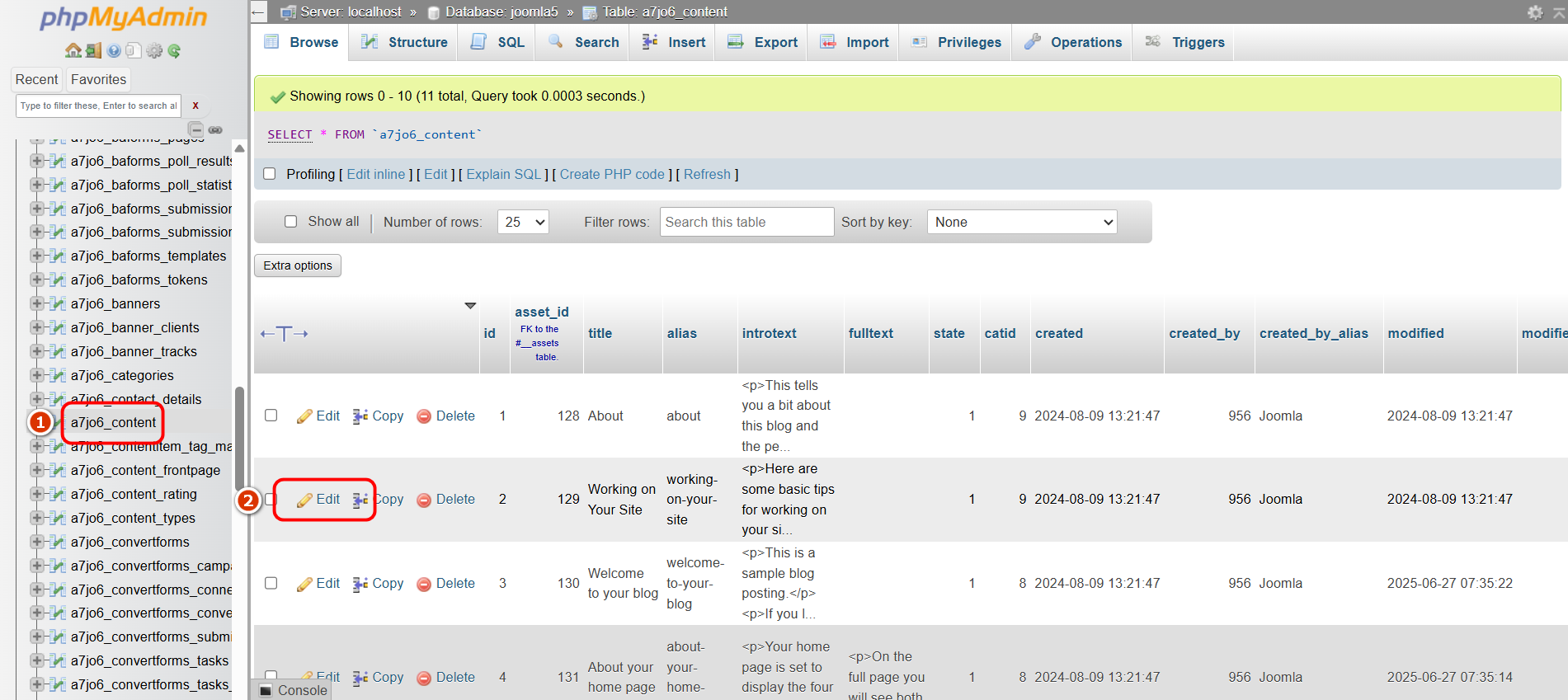 phpMyAdmin administrative panel in which a table with content is open to select the required Joomla article