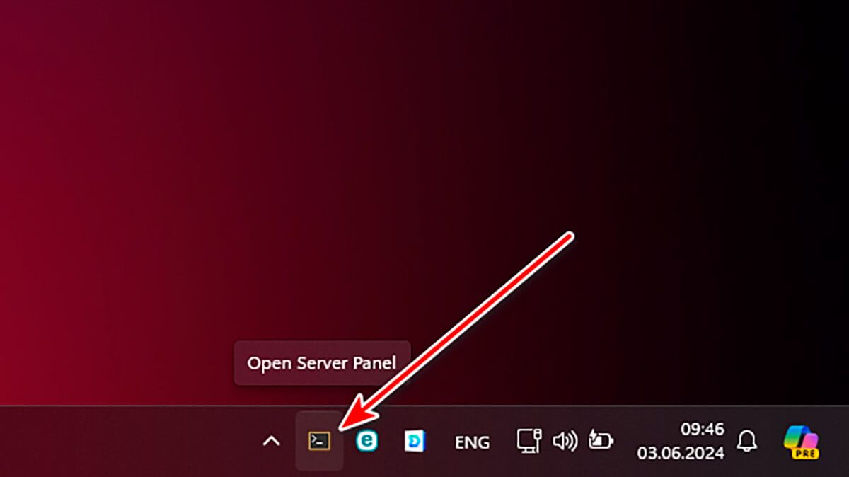 the Open Server Panel icon, which is located on the Windows taskbar