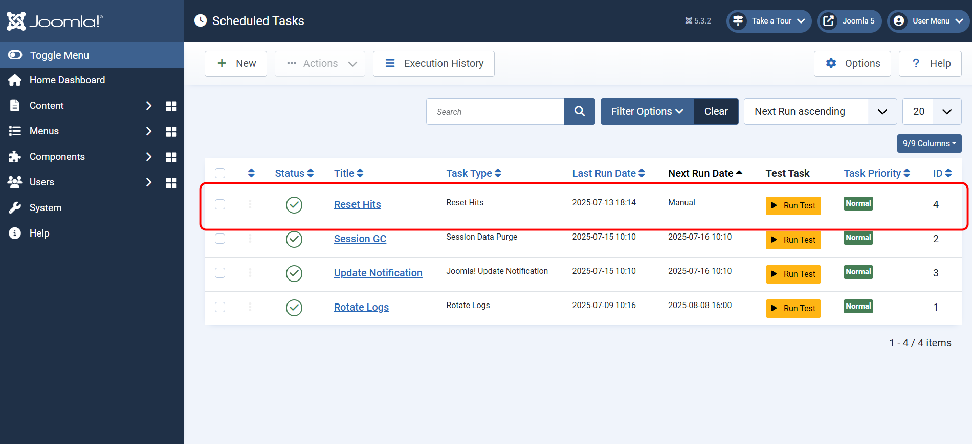Screenshot of Scheduled tasks in Joomla: a list of tasks with Reset Hits highlighted and a button for manual execution