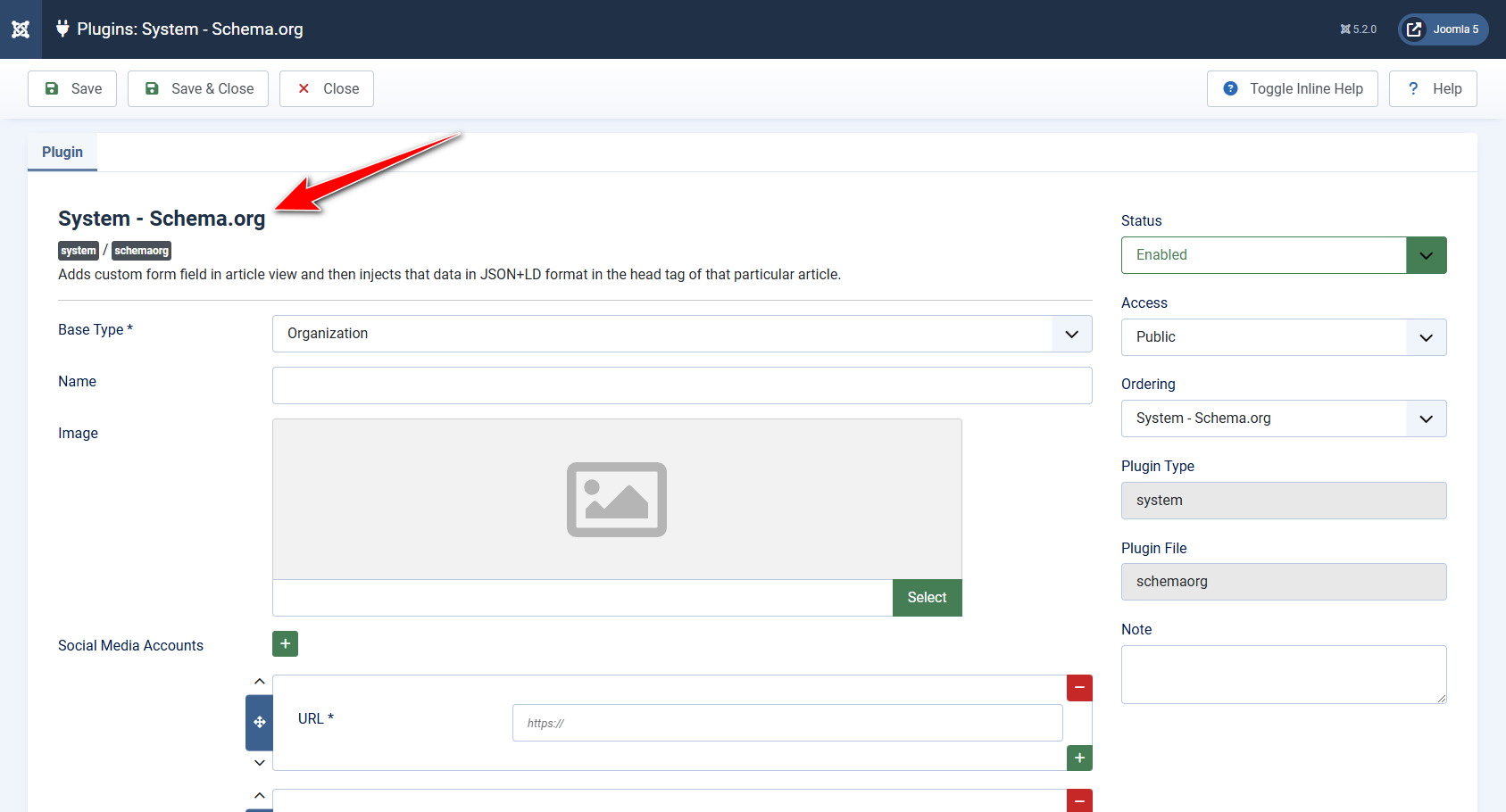 Screenshot of the plugin settings in Joomla CMS, System Schema.org