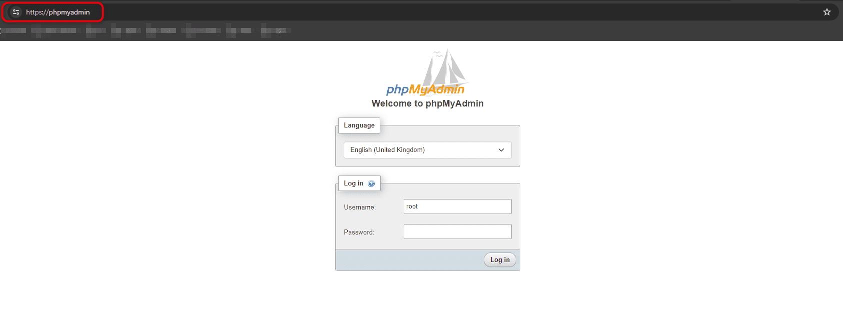 Main login page for the phpMyAdmin panel administrator