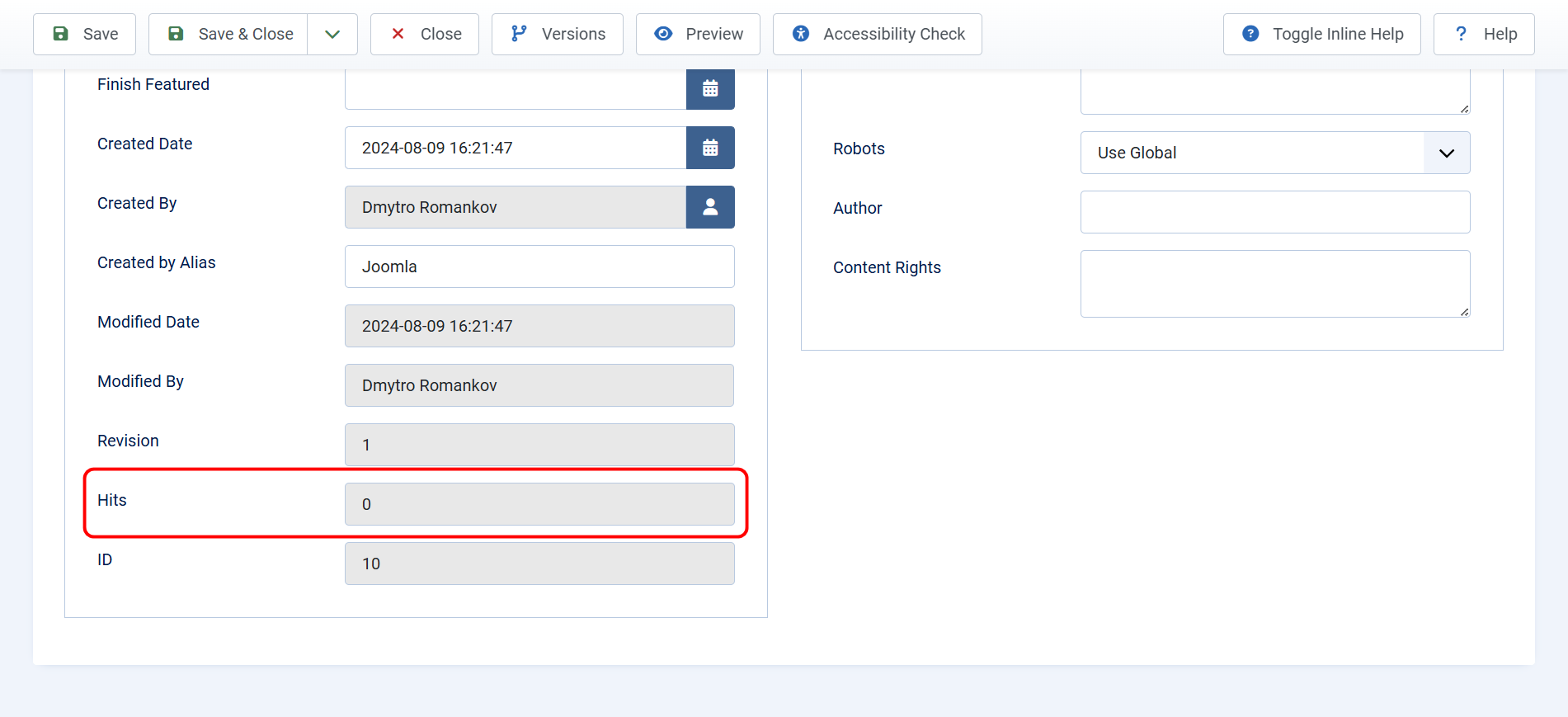 Screenshot of article publishing settings in Joomla: the Hits field is not available for editing