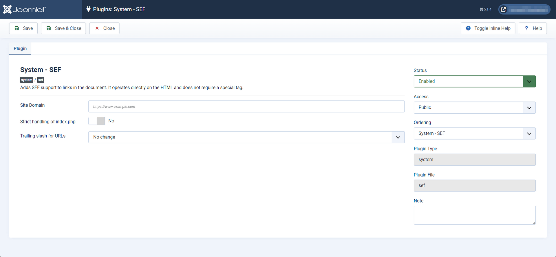 screenshot of SEF plugin settings in the previous version of Joomla 5.1.4