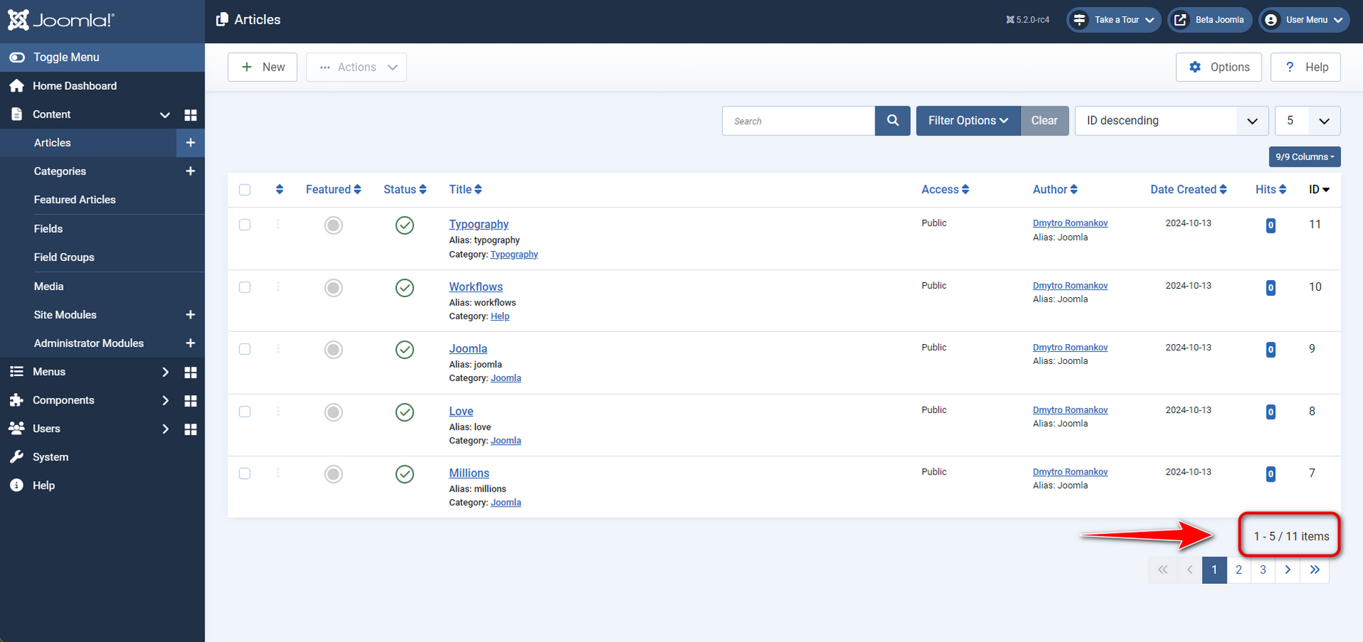 A screenshot with an element counter in Joomla 5.2