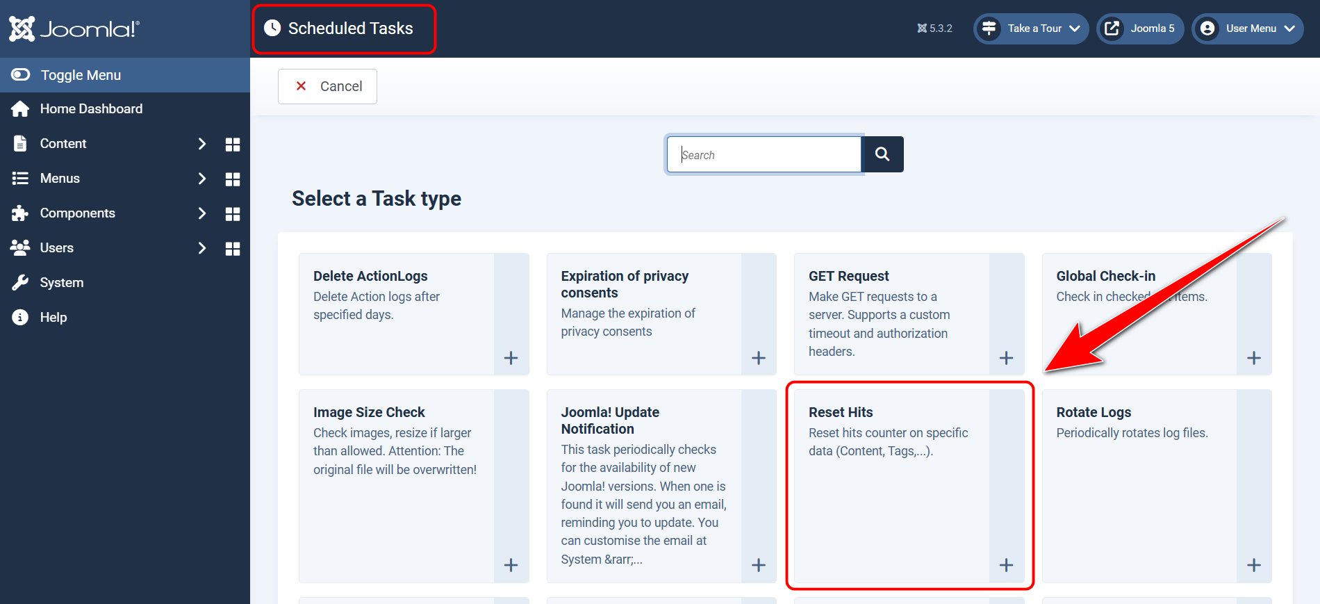 Joomla Scheduled Tasks screenshot: new Reset Hits task available after plugin installation