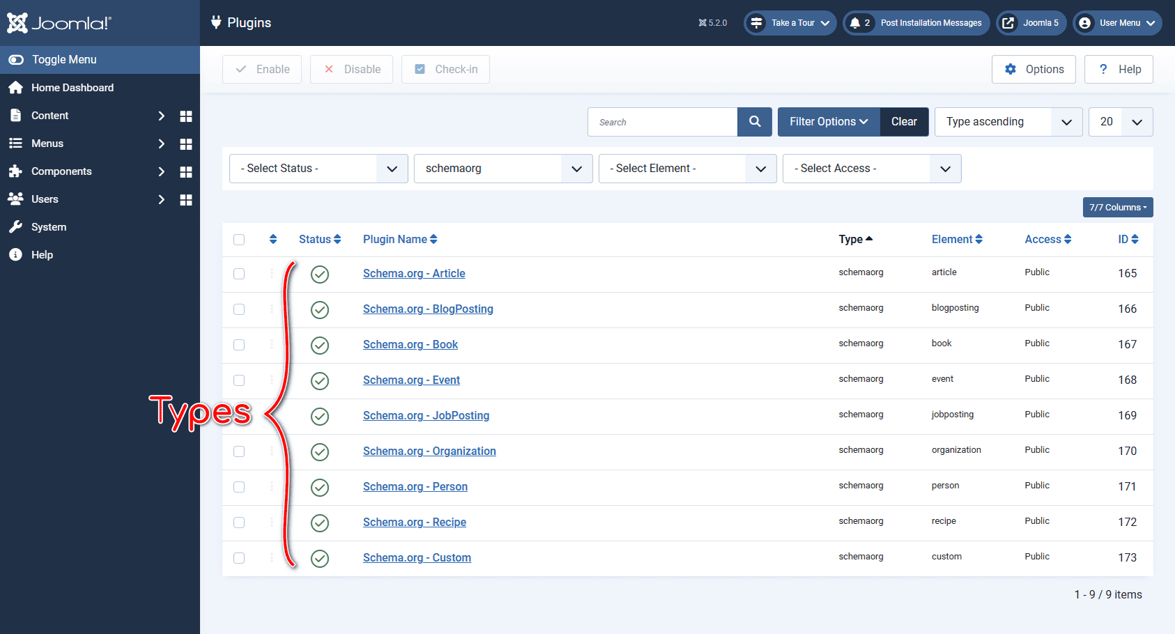 Screenshot of Schema.org markup types supported in Joomla