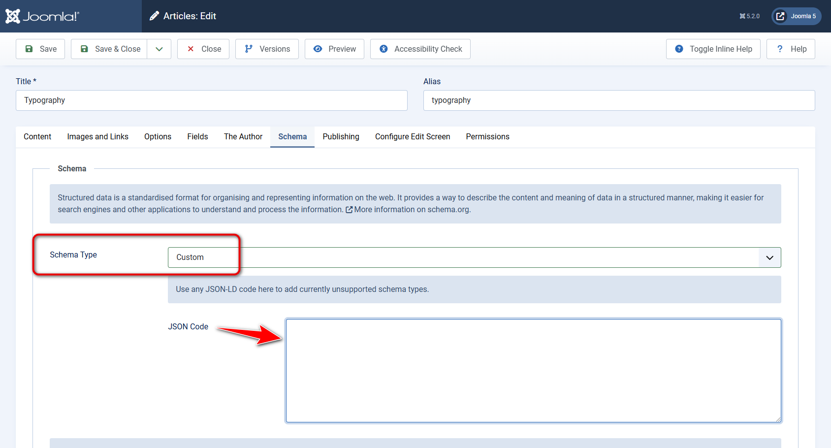 Screenshot of the settings for the Schema.org Custom plugin, which allows manual entry of JSON-LD code for any type of Schema.org markup.