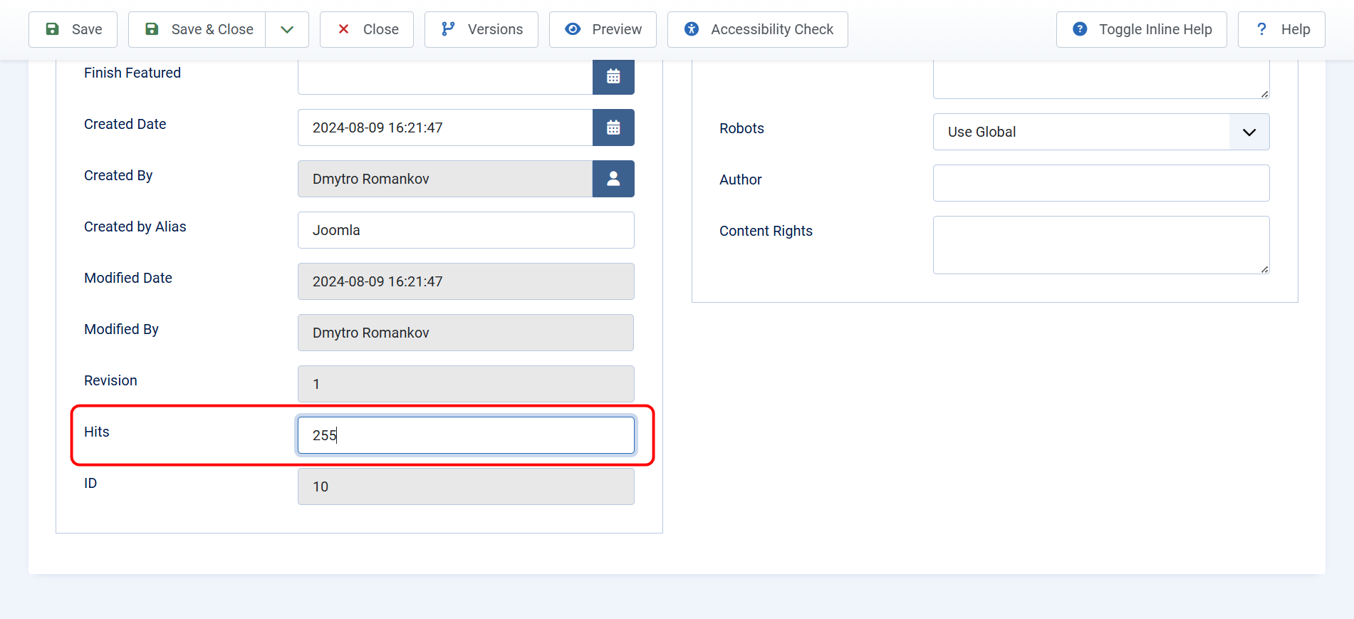 Screenshot of the article publishing settings in Joomla with the Article Hits plugin: the Hits field is now available for editing